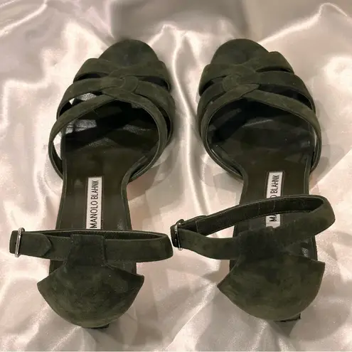 Manolo Blahnik Green Suede Heels Sandals Size 9 Elegant Chic Classic Fall Winter