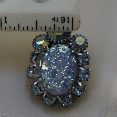 Vintage Julianna D&E Floral Pressed Glass Clip On Earrings Blue Glitz Statement