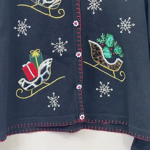 Vtg Christmas Cardigan Ugly Sweater Black XL Bling 90s Y2K Snowflake Sleigh