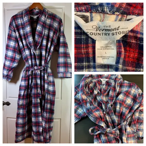 The Vermont Country Store Plaid Flannel Robe L Cotton Loungewear Tie Waist Coy Blue Size L