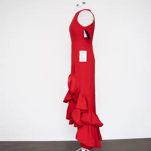 Betsy and Adam Arielle Scuba Crepe Ruffle Slit Gown