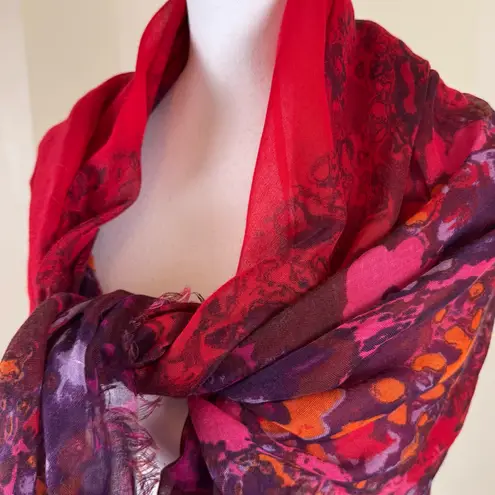 Johnston & Murphy  Floral Abstract Scarf Red Pink Multi Fringe Wrap NWOT - Image 8