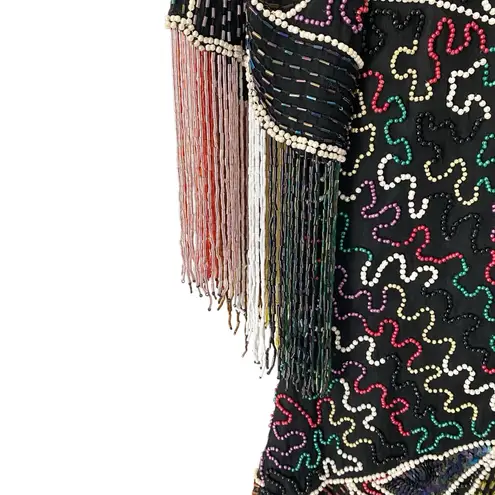Vintage Anjumun California Sequin Beaded Fringe Dress Art Deco 80s Party stars Black Size M