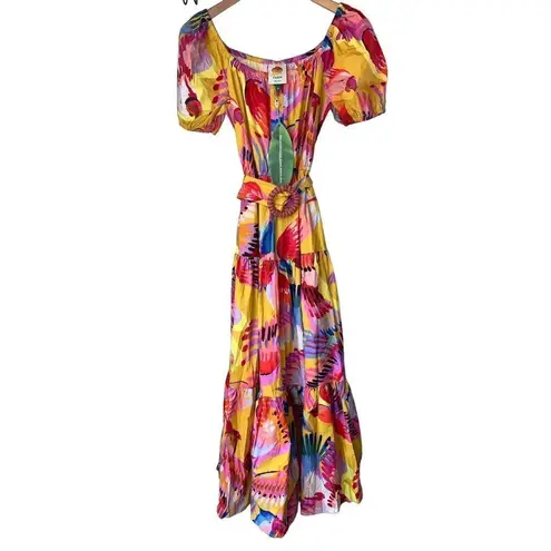 Farm Rio  Neon Macaws Puff Sleeve Belted Cotton Maxi Dress