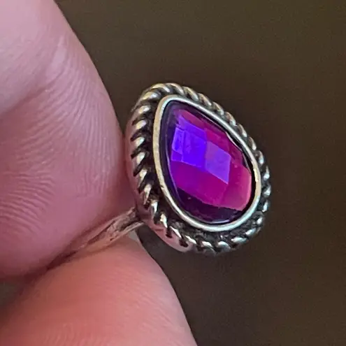 Water drop purple rhinestone silver plated ring size 5.5