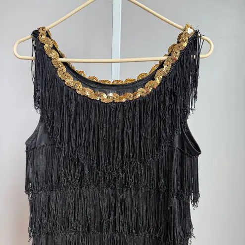 Black Fringe Flapper Dress Gold Sequins Gatsby Costume Party
