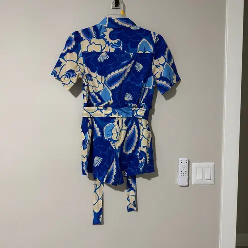 Farm Rio Tropical Groove Linen Belted Romper Blue Size XS