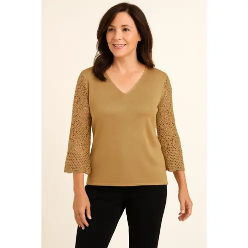 Joseph A . Gold Knit Sweater Crochet Lace Bell Sleeves V-Neck Holiday Chic M