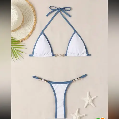 Boutique NWOT (M) Sea Pearl Bikini Set Halter top/thong bottom in white and baby blue