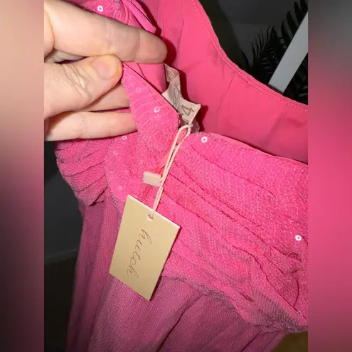 Hutch Anthropologie Tylia Maxi Dress Barbie Pink Ruched Bodice Sequined 4 NWT