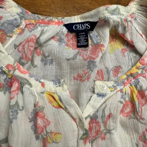 Chaps Denim Women Floral Print Long Sleeve Blouse Top Size LG White