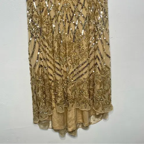 Mac Duggal 4715 Size 4 Embellished Fringe Cap Sleeve Trumpet Gown, Light Gold