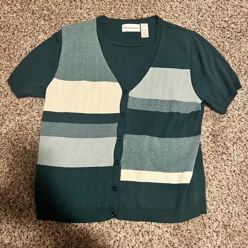 Alfred Dunner Striped Short Sleeve Cardigan Sweater Forest Green Multi Color M