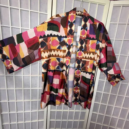 Soft Surroundings Margot Open Front Cardigan Kimono Geo Satin Art to Wear S/M