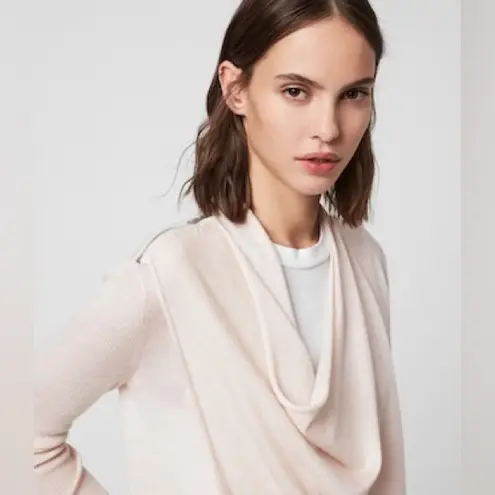 ALLSAINTS Drina Ribbed Asymmetrical Zipper Shoulder Merino Wool Cardigan.