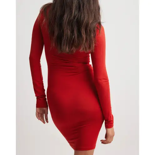 NA-KD Rouched Side Long Sleeve Dress in Red, Size XXS