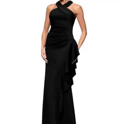 XScape Black Ruffle Crisscross Halter Scuba Crepe Gown