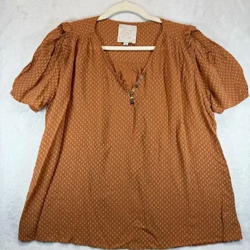 Johnny Was Archer Flare Blouse Swiss Dot Button Up Short Sleeve Top Brown Size M