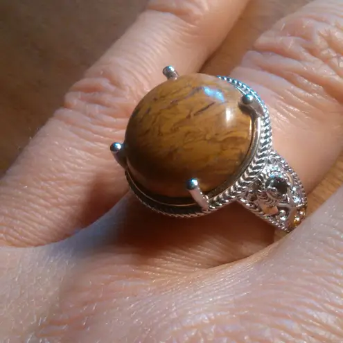 Script Stone and Brazilian Smokey Quartz Solitaire Copper Ring (Size 6)