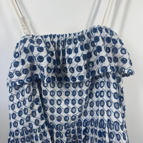 Solid & Striped Dress Women XS Blue White Eyelet Mini Ruffle Embroidery Preppy