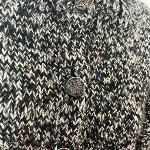 HANDMADE Black White Tweed Cardigan Silver Metal Buttons Crew Neck Womens Large