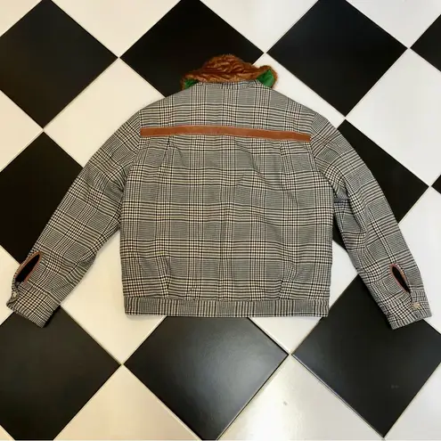 STAUD Ryan Bomber Jacket Glen Plaid Faux Fur Collar Grey & Brown Checks Green L