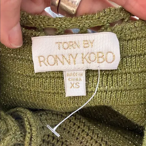Torn By Ronny Kobo metallic Olive green gorgeous crochet dress