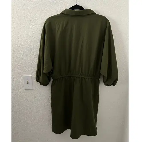 Bishop and Young Safari Olive Green Puff Sleeve Button Up Midi Dress - Small NWT