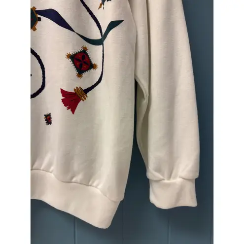 Vintage Novelty Print Sweatshirt Cream Rope Tassel Design Pullover Top Size M