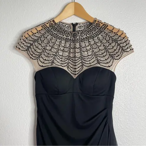 XScape Black Dress Beaded Illusion Mesh & Jersey Gown Size 4
