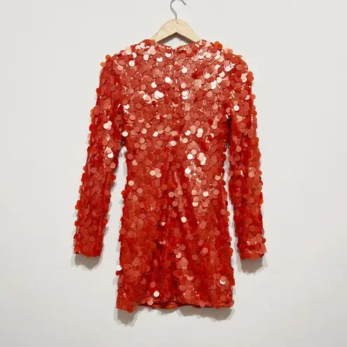 WFFS Paillette Sequin Embellished Long Sleeve Pullover Orange Mini Party Dress S