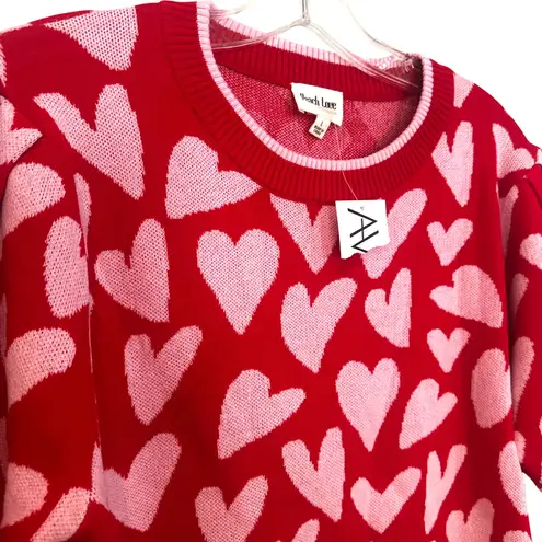 Peach Love California Short Sleeve Heart Sweater Womens Large Red Pink Valentine