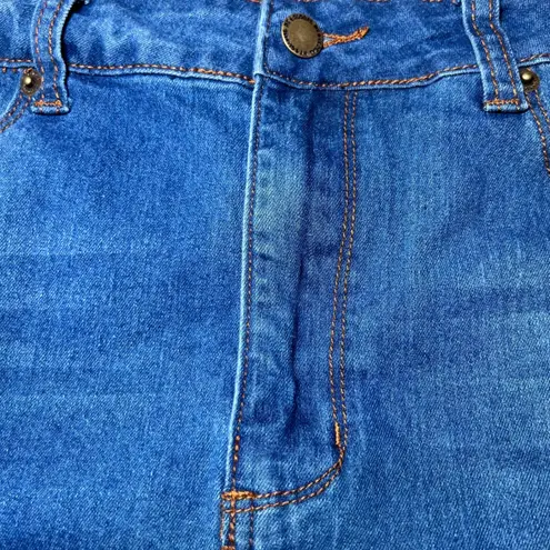 NY Trends 4 Denim Mini Skirt Womens Large Blue Distressed Frayed Hem Y2K Edgy