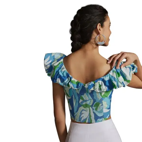 Maeve Women's Floral Ruffle Crop Top Size 1X Smocked Back Blue Green Summer