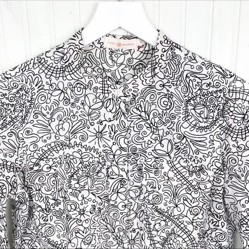 Tory Burch  Black and White Doodle Print Button Down Blouse 100% Cotton Size 6