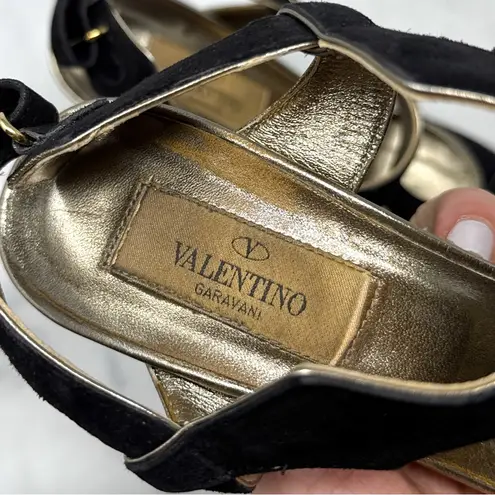 Valentino Garavani Vintage Suede T Strap Side Cut Out Sandal Heel Black Y2K 37.5 Size 6.5