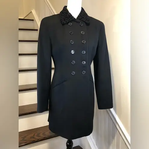 Ralph Lauren Military Faux Fur Lapel Double Breasted Black Wool Riding Coat Sz 6