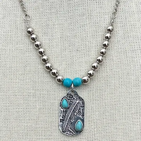 Beaded Feather Dog Tag Necklace with Turquoise Silver