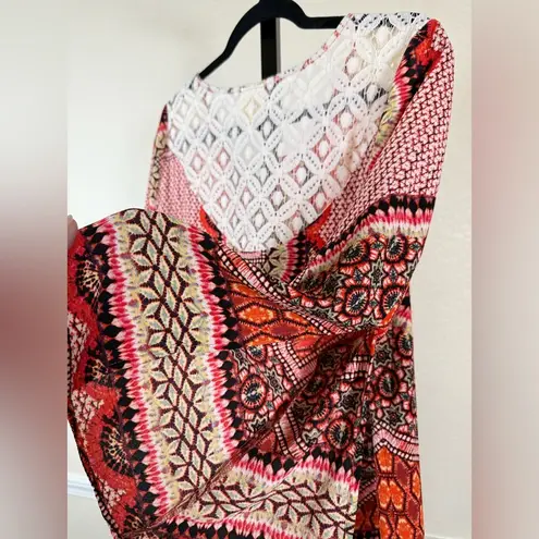 Fig & Flower Large Bohemian Lace Trim Blouse Hippie Chic Festival Peasant Shirt Red