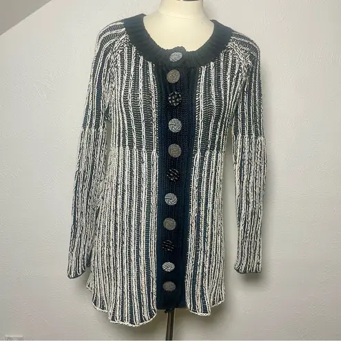 Pure Handknit Artisan Stripe Cotton Cardigan Sweater | Small | Neutral Style Black