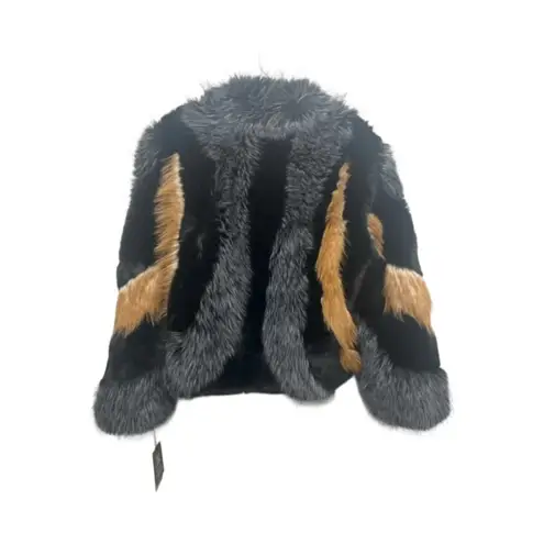 NWT Belle Fare Oversized Faux Fur Coat Multicolor Fur Block Zip Jacket Size M Black Size M