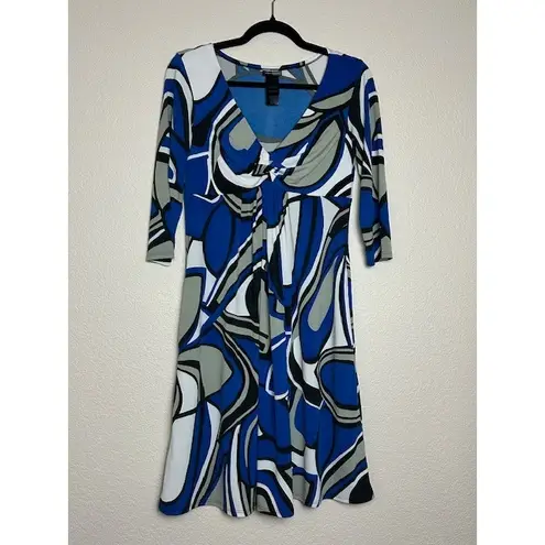 Bisou Bisou M Midi Dress Blue Gray White Stretch Abstract Print Modern Artsy
