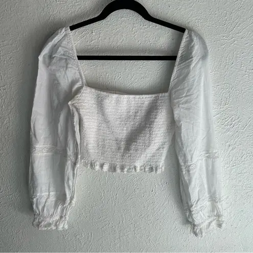 Aritzia Wilfred Artizia Soiree Top White Cropped Smocked Puff Sleeve Organic Cotton XS