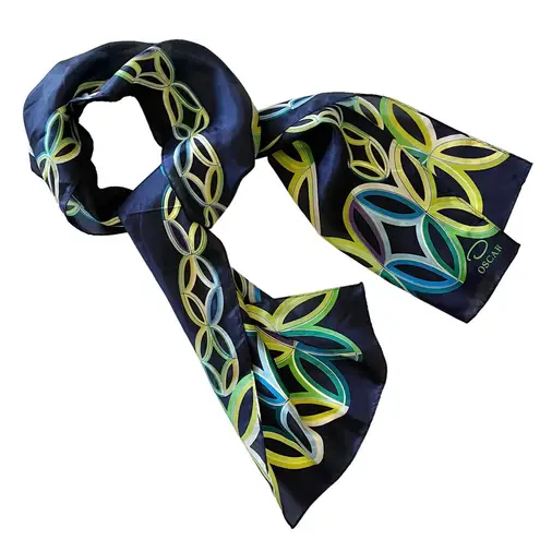 Oscar de la Renta Vintage O by  Navy Blue Printed Silk Long Scarf