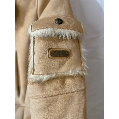Pepe Jeans Tan Winter Overcoat M Faux Fur Trim Toggle Buttons Penny Lane Y2K 70s