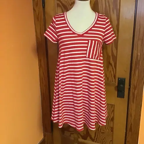 Entro Anthropologie  Red Striped Casual V Neck Dress