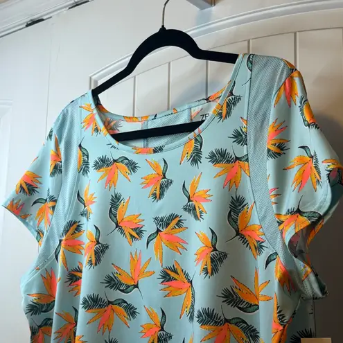 Zelos Women XL Blue Bird of Paradise Floral Print Activewear New Top Stretch Dry