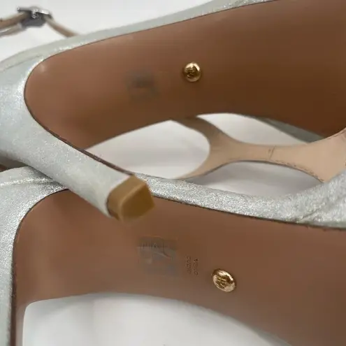 PELLE MODA Heels Size 8 Onora Platform Silver Rhinestone Crystals Strappy Ankle