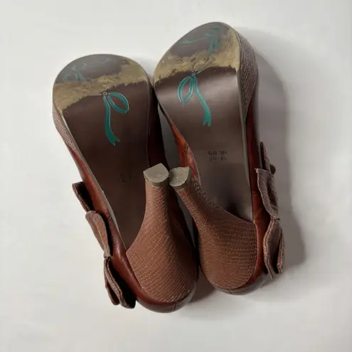 Poetic Licence London Brown Leather Ankle Boots Bow Heel Snake Print 8.5M Size 8.5