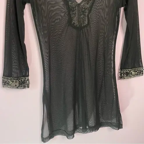 Vintage Gadzooks Size M Black Mesh Beaded Blouse Witchy Whimsigoth Grunge Size M
